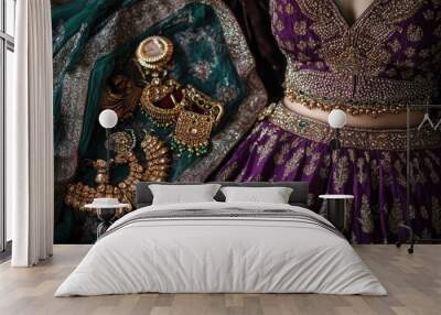 A richly designed bridal lehenga in deep purple and gold, paired with an elegant display of bridal accessories in gold and emerald. Wall mural