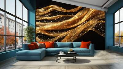 A shimmering gold sari with sequin embellishments, arranged in a flowing cascade on a solid black background. Wall mural