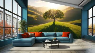 A single tree in a grassy valley, its shadow stretching out as the sun rises over the hills. Focus on the natural light and tree. No people. Wall mural