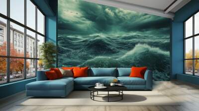 A turbulent ocean with a hurricane looming in the distance, the sky filled with dark clouds and fierce winds. Wall mural