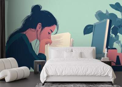 A woman reads a book at her desk, exhaustion setting in, with a computer without a logo beside her. The minimalist room adds to the sense of emptiness. Wall mural