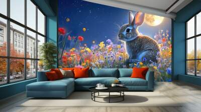 Adorable rabbit sitting in a field of vibrant flowers, with a full moon glowing in the background, creating a peaceful and enchanting scene. Wall mural