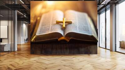 An open Bible with a gold cross bookmark, laying flat on a smooth wooden surface with soft lighting. Focus on the bookmark and text. No people. Wall mural