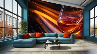 Artistic close-up of wine splash in a glass, with a backdrop of swirling, abstract light patterns for a refined feel. No people. Wall mural