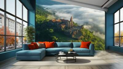 Bird's eye view of the stunning Bokor Mountain, with its mist-covered peaks and an abandoned French colonial church. Wall mural