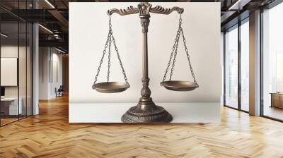 Classic bronze scales positioned upright on a smooth white surface, representing law and equality. No people. Wall mural