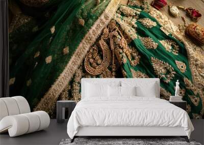 Close-up of a luxurious bridal lehenga in emerald green, featuring fine gold detailing and rich Indian accessories. Wall mural