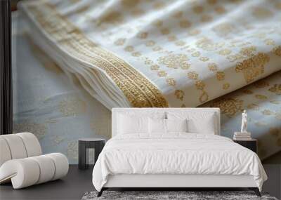 Close-up of a traditional white dhoti with gold detailing, folded neatly on a neutral-colored table. Wall mural