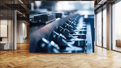 Close-up of cutting tools in a warehouse, the metal surface gleaming under industrial lighting. Sharp edges and fine details in focus. No people present. Wall mural