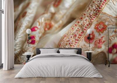 Close-up of detailed Indian lehenga with rich embroidery, showcasing traditional craftsmanship, no people. Wall mural