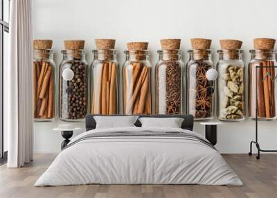 Collection of glass spice bottles filled with cardamom, nutmeg, and cinnamon sticks, arranged neatly on a white backdrop. No people. Wall mural