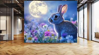 Cute rabbit sitting in a field of blooming flowers, with a full moon in the background casting a magical glow in this photorealistic close-up. Wall mural