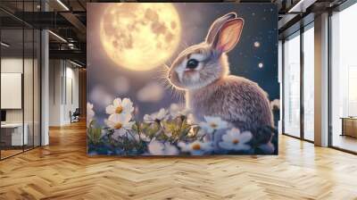 Cute rabbit sitting in a field of blooming flowers, with a full moon in the background casting a magical glow in this photorealistic close-up. Wall mural