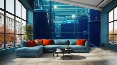 Detailed view of blue storage tanks in a futuristic factory environment, focusing on advanced industrial technology. No people. Wall mural