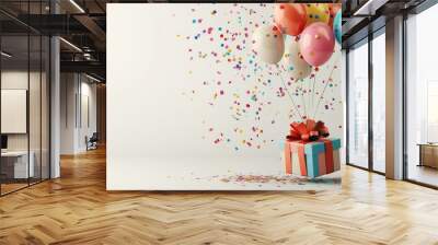 Festive birthday design with a brightly colored gift box and confetti balloons on a smooth, neutral background. No logo, no people. Wall mural