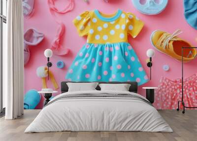 Flat lay of children's clothing with a focus on a bright polka-dot dress, surrounded by tights, shoes, and a hairband on a pink surface. Wall mural