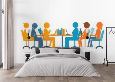 Flat vector design of paper people in a collaborative meeting, representing online education and library access, no logo, white background. Wall mural