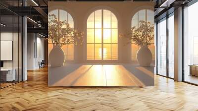 Glowing 3D sun, illuminating a room with two large windows and white vases with fresh flowers. Wall mural