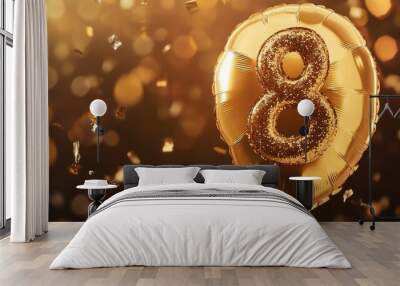 Golden balloon with 'Happy Birthday' text and the number 8, surrounded by small confetti elements. Focus point, no logo, no people. Wall mural