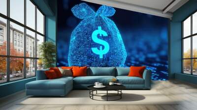 Illustration of a blue digital money bag with symbol, binary code in the background, visualizing AI-driven financial planning. No people, focus point. Wall mural