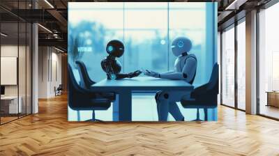 Illustration of a robot and human seated at a business table, exchanging ideas in a futuristic office space. No logos, business concept. Wall mural