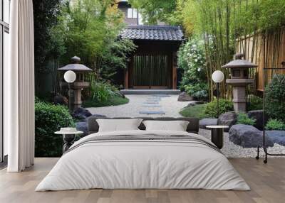 Japanese-style front yard with bamboo plants, stone lanterns, and a gravel path leading to a wooden gate, no people, no logo. Wall mural