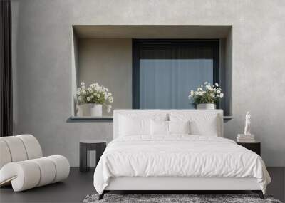 Minimalist balcony window with minimal flower vases, natural light creating a soft focal point, enhancing the clean design. Wall mural