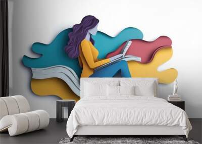 Minimalist vector of a paper woman reading, symbolizing digital education in an online library setting, white background, no logos, isolated. Wall mural