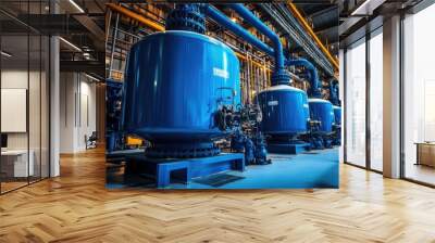 Modern industrial blue tanks with advanced valves and piping in a factory, highlighting technological innovation. No people. Wall mural