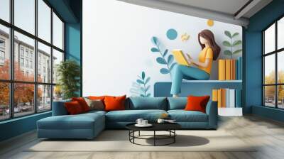 Online library concept with a woman paper figure reading a book, emphasizing education and digital learning. White background, isolated. Wall mural