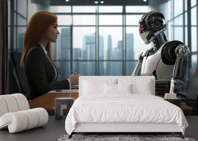 Robot and human interacting at a business meeting, both seated at a conference table in a modern workspace. No logo, futuristic concept. Wall mural