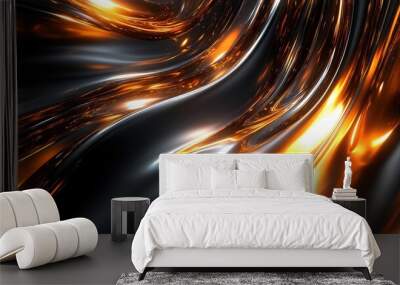 Smooth metallic curves and glowing light effects in a futuristic abstract landscape resembling molten metal. No people, no logo. Wall mural