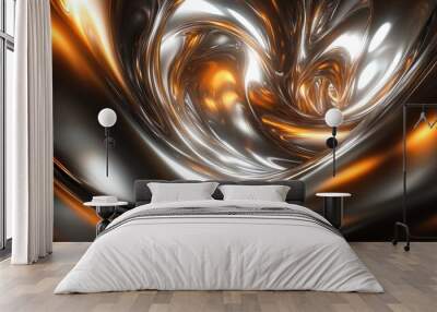 Smooth metallic curves and glowing light effects in a futuristic abstract landscape resembling molten metal. No people, no logo. Wall mural