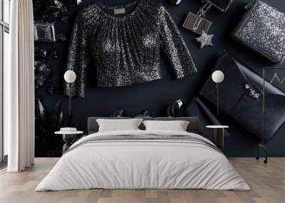 Top view of a night-out ensemble, featuring a glittery top, mini skirt, heels, and clutch, arranged on a dramatic black surface. Wall mural