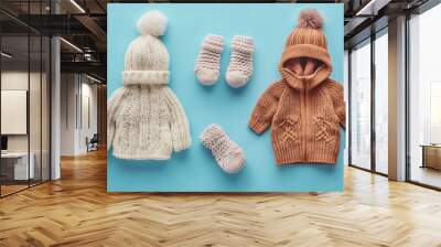 Top view of babyas winter wardrobe: chunky-knit sweaters, warm hats, and fluffy booties on a pastel surface. No people, no logo. Wall mural