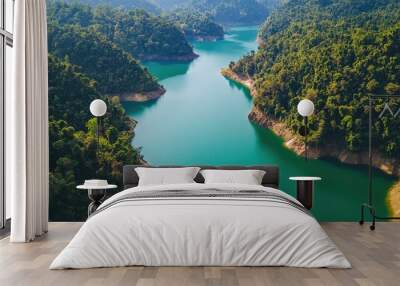 Top view of the emerald green waters and forested hills of Nam Et-Phou Louey National Park. Wall mural