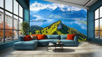 Top view of the scenic Rigi mountain, with its panoramic views of surrounding lakes and snow-capped peaks. Wall mural