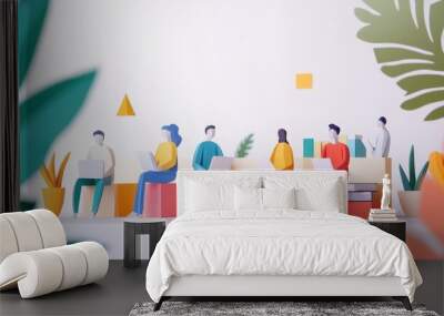 Vector art of paper people figures discussing in a business setting, concept of online education and digital libraries, no logo, white background. Wall mural