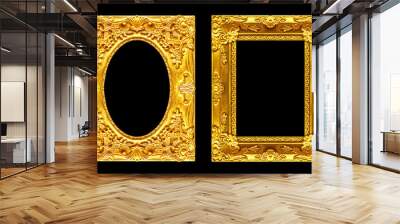 Set 2 - Antique picture golden frame isolated on black backgroun Wall mural