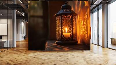 A candle burning in a lantern, with the light softly illuminating the glass and casting patterns on the walls. Wall mural