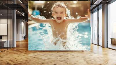 A child jumping into a swimming pool, causing a huge water splash, with joy and excitement on their face. Wall mural