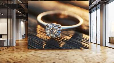 A close-up of a diamond engagement ring sparkling in natural sunlight, resting on a wooden table. Wall mural