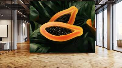 A freshly cut papaya with the black seeds glistening inside, resting on a bed of tropical leaves. Wall mural