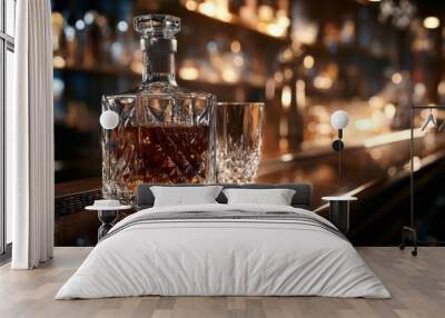 A glass bottle of premium whiskey on a polished wooden bar top, accompanied by a crystal glass and a dim, elegant atmosphere in the background. Wall mural