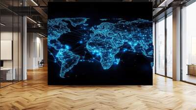 A holographic digital world map made of glowing blue lines and nodes. Wall mural