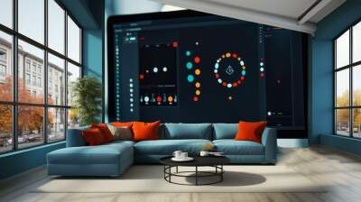 A logo design process displayed on a computer screen, showing different iterations and color schemes. Wall mural