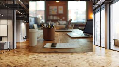 A meeting table in a startup office, with laptops, notepads, and coffee cups set up for a brainstorming session. Wall mural