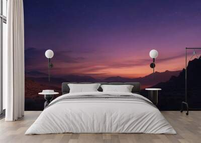 A panoramic view of a desert at twilight, with the sky transitioning from day to night. Wall mural