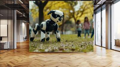 A robot dog playing with children in a park, illustrating companionship between AI and humans in the future. Wall mural