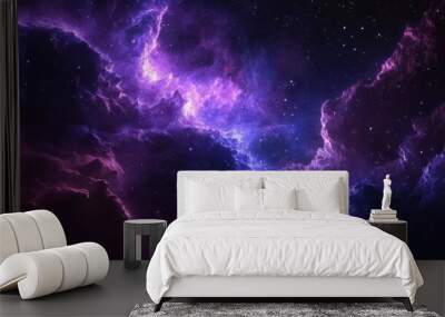 A vast nebula in deep space, with glowing purple and blue gases illuminated by starlight. Wall mural